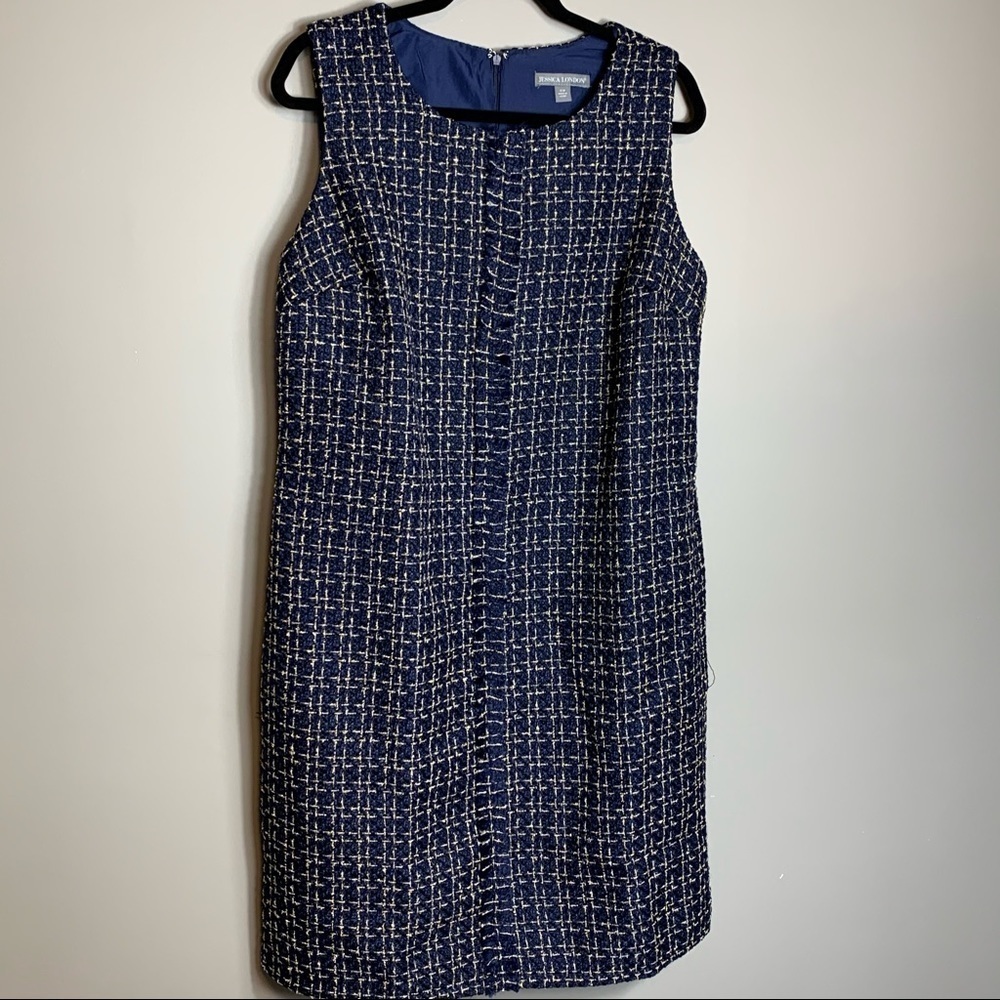 Jessica London Bouclé Textured Navy Tweed Dress lined 16W Classic Navy and Gold